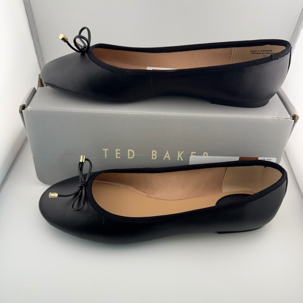 Ted Baker Ballet Flats Women 9 Black NWT Leather Bow Gold Hardware 1967199